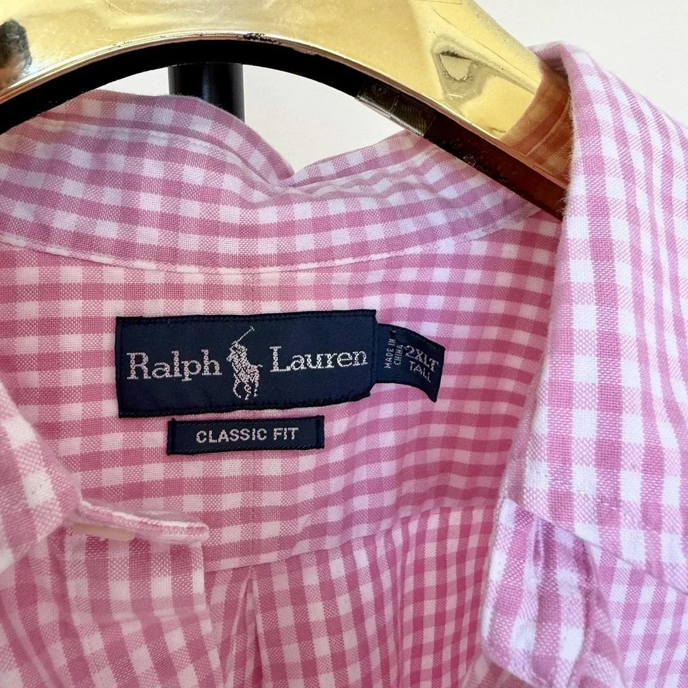 Vintage Ralph Lauren Button‎ Shirt 2XL Big Classic Fit Pony Gingham Plaid Pink
